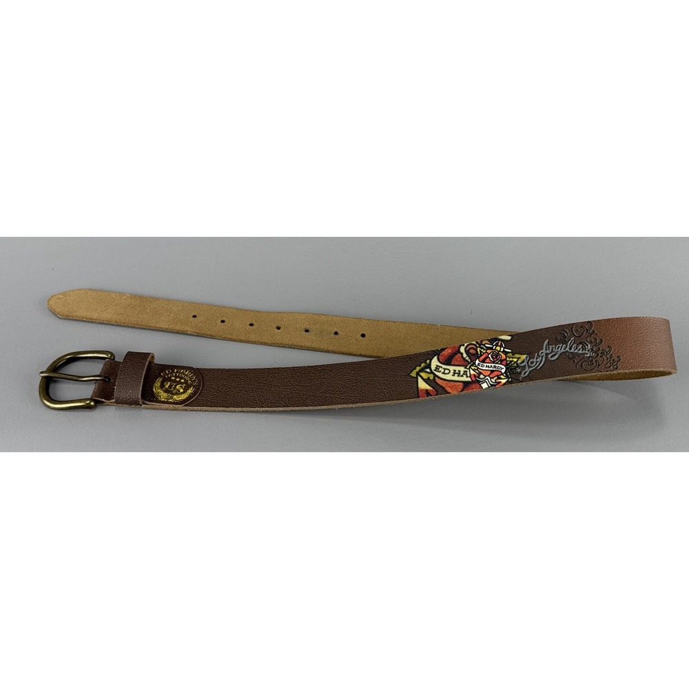 Ed Hardy Y2K Style Tattoo Printed Leather Belt Womens M 39.5 In Handmade EH3346